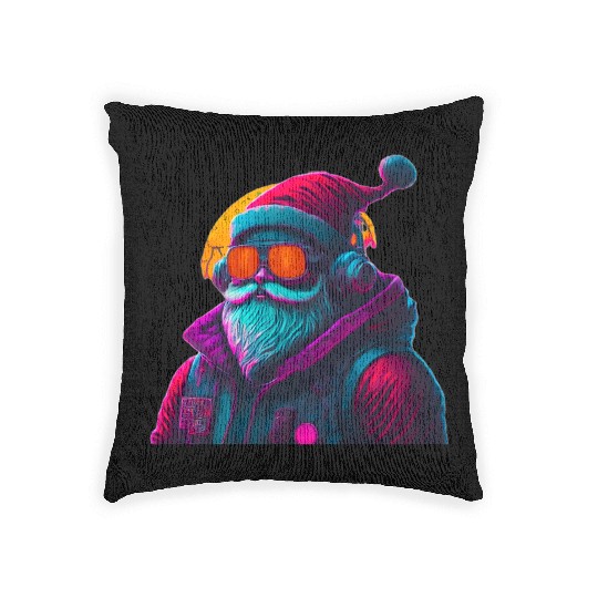 Retro Cool Santa Claus with Headphones Neon Colors Woven Pillows