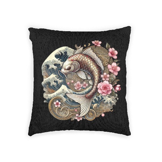 Elegant Koi Fish and Cherry Blossom Design Woven Pillows