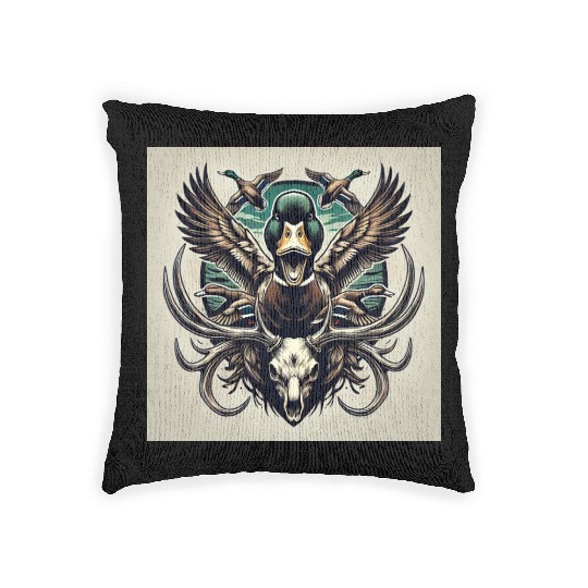 Mallard duck flying over deer skull in marsh Woven Pillows