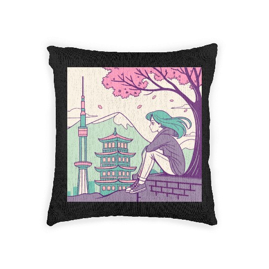 "Peaceful Anime Vibes: Girl Relaxing with Sakura Woven Pillows