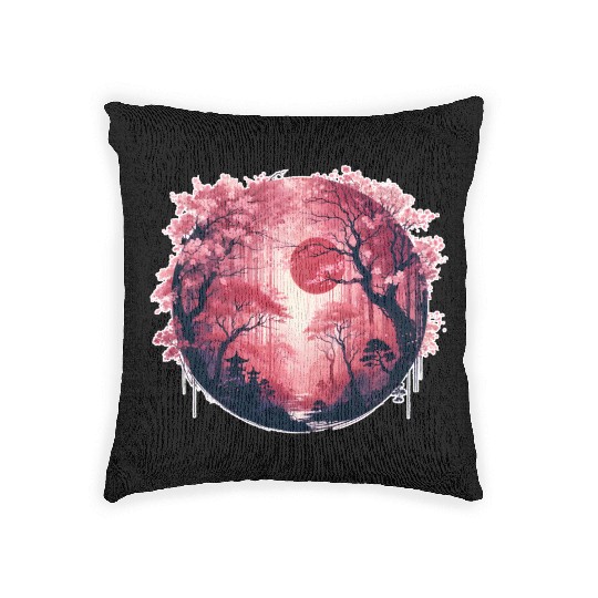 Serene Sakura Under Crimson Sun Woven Pillows