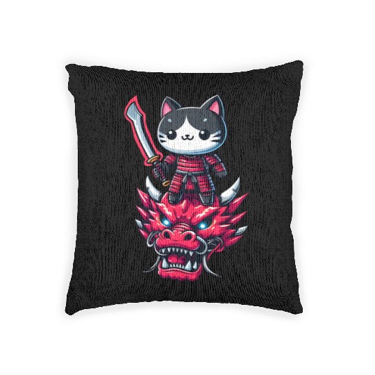 Samurai Cat with Sword on Dragon in Epic 3D Effect Woven Pillows