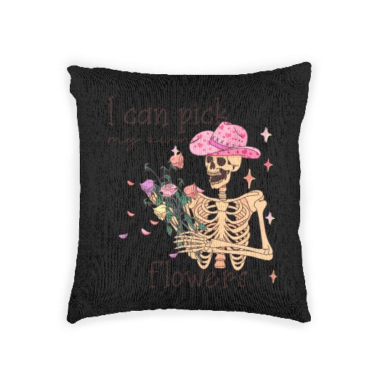Funny Cowboy Skeleton with Flowers Woven Pillows
