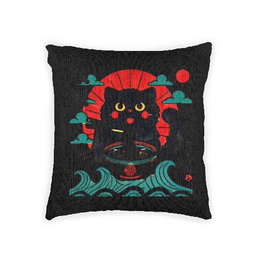 Kawaii Black Cat Eating Ramen Noodles Japanese Woven Pillows