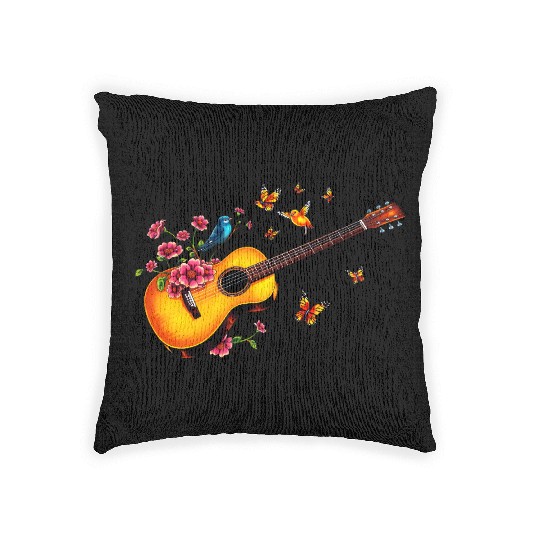 Guitar with blossoming flowers Woven Pillows