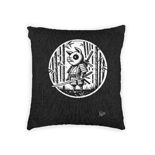 Pig Samurai in Bamboo Forest Woven Pillows