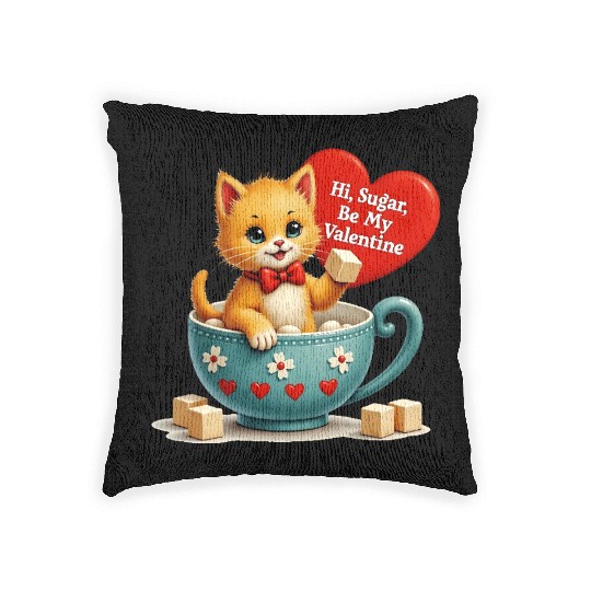 Hi Sugar Vintage Kitten Valentine s Day Card Woven Pillows