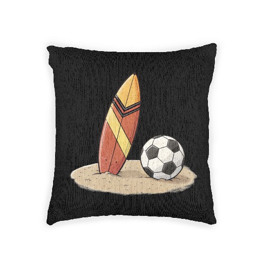 Surfboard and soccer ball in the sand Woven Pillows