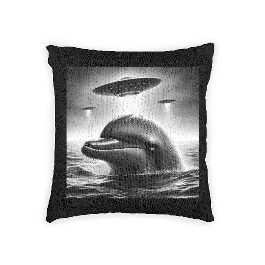 Dolphin Sea Funny Graphic Selfie with UFOs Weird A Woven Pillows
