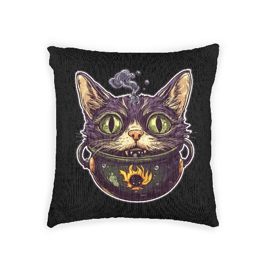 Cat Boiler Cat Witch Halloween Woven Pillows