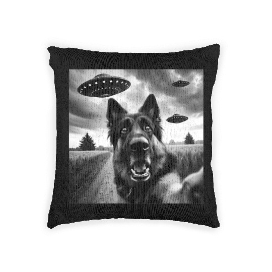 German Shepherd Funny GSP Selfie with UFOs Weird A Woven Pillows