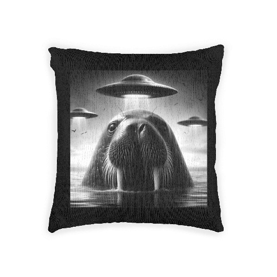 Walrus Sea lion Funny Graphic Selfie with UFOs Wei Woven Pillows