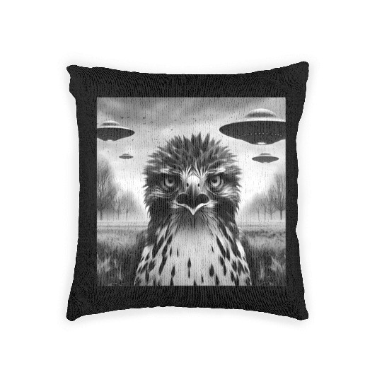 Hawk falcon Funny Graphic Selfie with UFOs Weird Woven Pillows