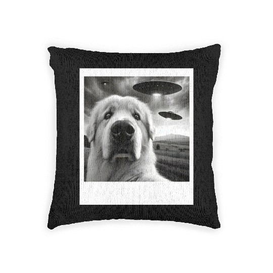 Great Pyrenees Funny Graphic Selfie with UFOs Weir Woven Pillows