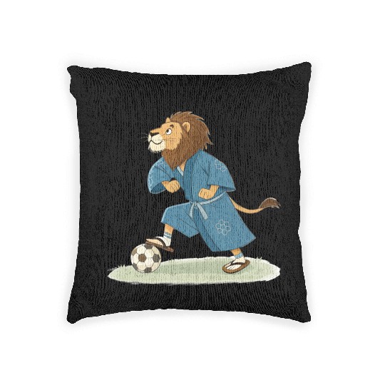 Lion playing soccer in karate kimono Woven Pillows