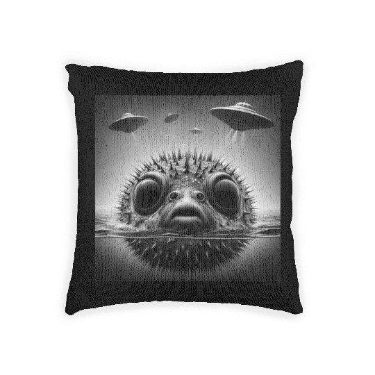 Puffer2 Fish Funny Graphic Selfie with UFOs Weird Woven Pillows