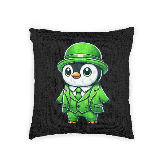 St. Patrick's Day Penguin cute green suit cartoon Woven Pillows