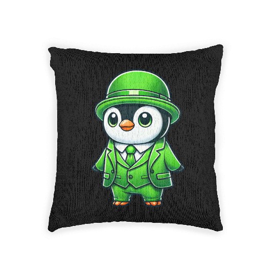 St. Patrick's Day Penguin cute green suit cartoon Woven Pillows