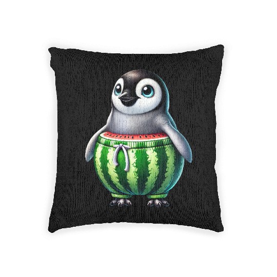 Funny penguin with watermelon fruity whimsical Woven Pillows