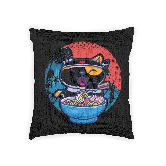 Japanese cat ramen Woven Pillows
