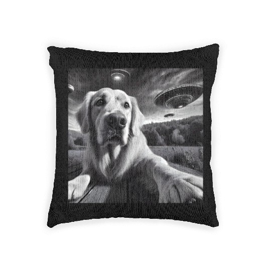 Golden Retriever Funny Graphic Selfie with UFOs We Woven Pillows