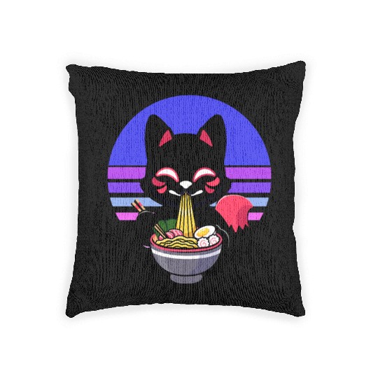 Cat Eating Ramen Noodles Kawaii Anime Japanese Woven Pillows