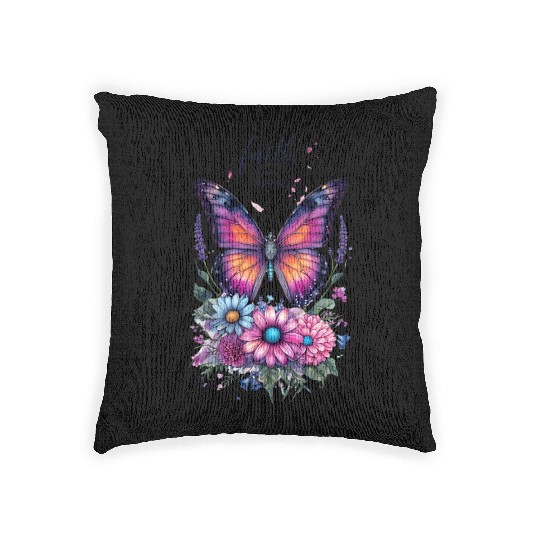 Butterfly with Flowers Art Faith Over Fear Woven Pillows