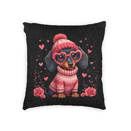 Cute Valentine Dachshund in Cozy Sweater Woven Pillows