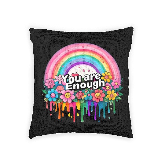 "You Are Enough" Rainbow and Flowers Inspirational Woven Pillows