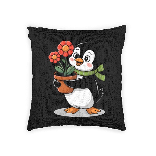 Cute Penguin Gardener Garden Joyful Design Woven Pillows