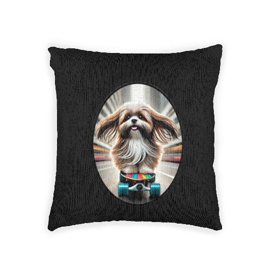 Skateboarding Shih Tzu Dog with its Tongue Out URM Woven Pillows