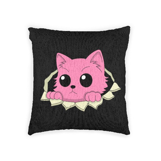 Cute Pink Cartoon Cat Peeking Out of a Hole Woven Pillows