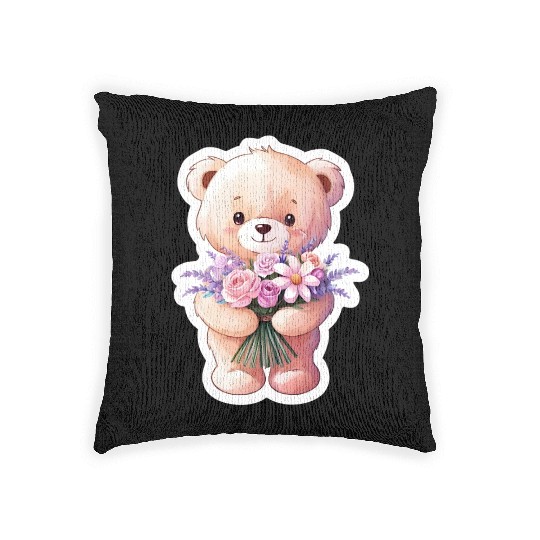 Teddy bear with bouquet of flowers Woven Pillows