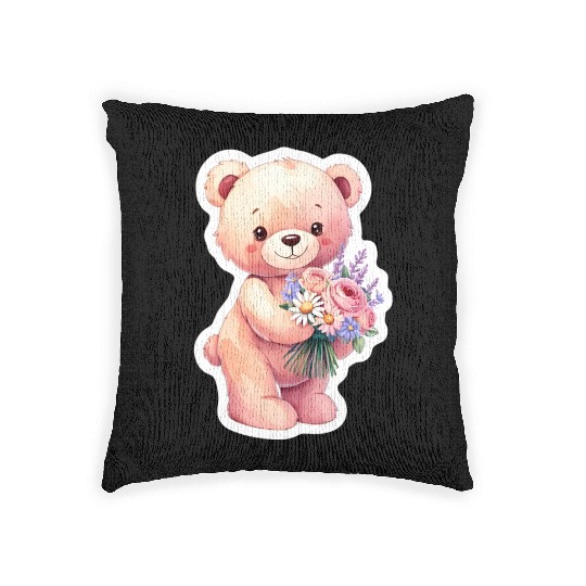 Teddy bear with bouquet of flowers Woven Pillows