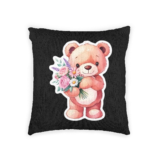 Teddy bear with bouquet of flowers Woven Pillows