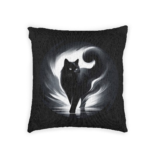 Mysterious and Elegant Black Cat Walking in Light Woven Pillows