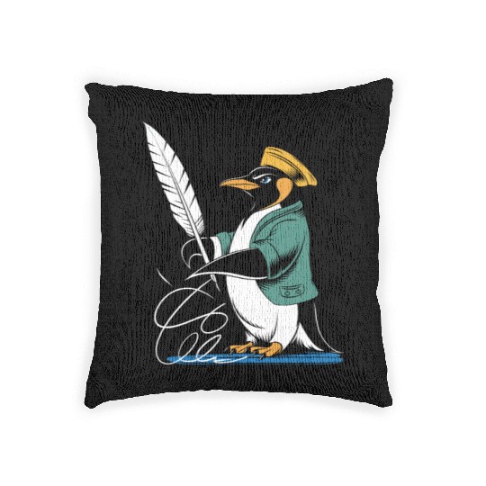 Calligraphy Enthusiast Penguin With Quill Art Woven Pillows