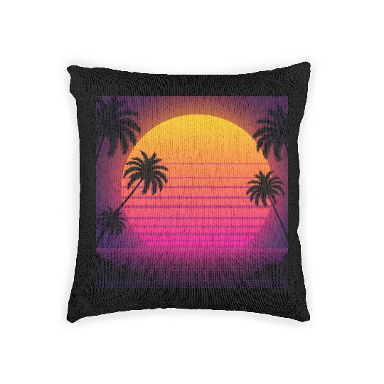 Retro Sunset with Palm Trees Woven Pillows