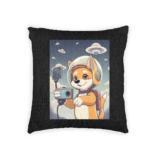Funny Dog Rescue Anime Selfie with UFOs Weird Woven Pillows