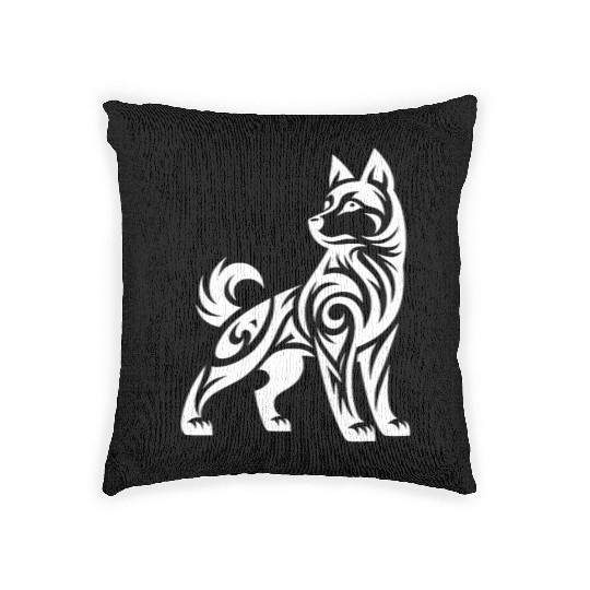 Shaded Tribal Line Art Husky Dog Design Woven Pillows