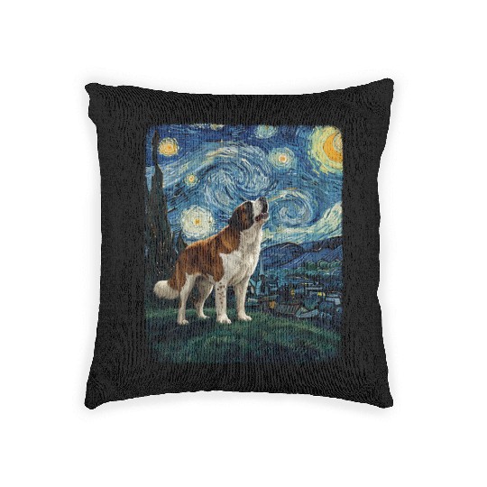 Saint Bernard Howling At Moon Starry Night Van Gog Woven Pillows