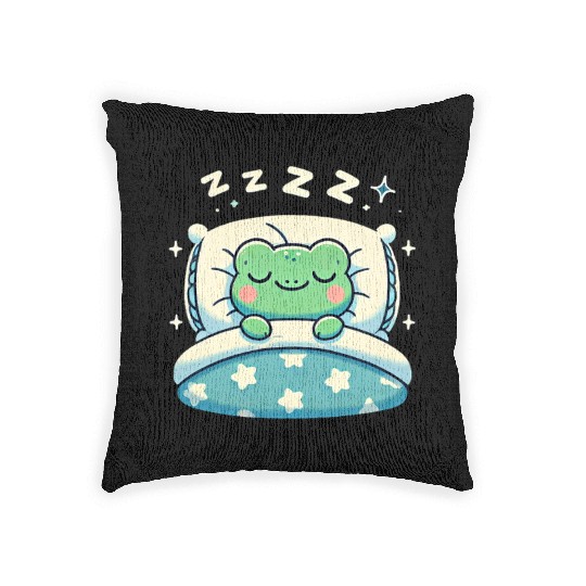 Frog Sleeping In Bed At Night Time Woven Pillows