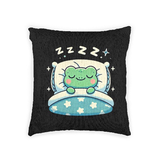 Frog Sleeping In Bed At Night Time Woven Pillows