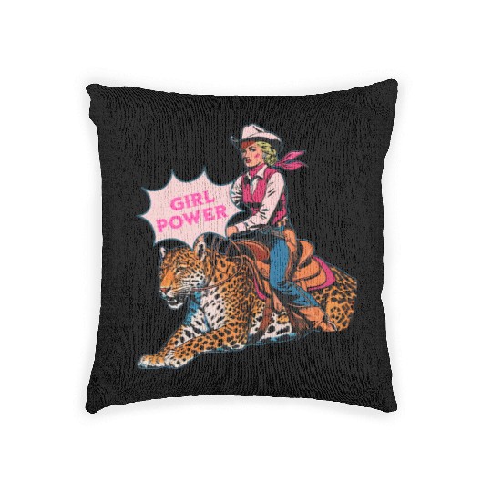 Girl Power Cowgirl Riding a Leopard Western Woven Pillows