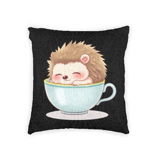 Cute hedgehog relaxing in a light blue cup Woven Pillows