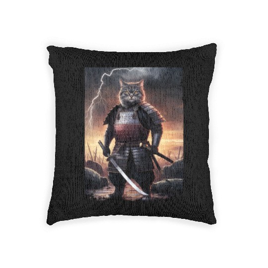 Japanese Cat Samurai Cat Woven Pillows