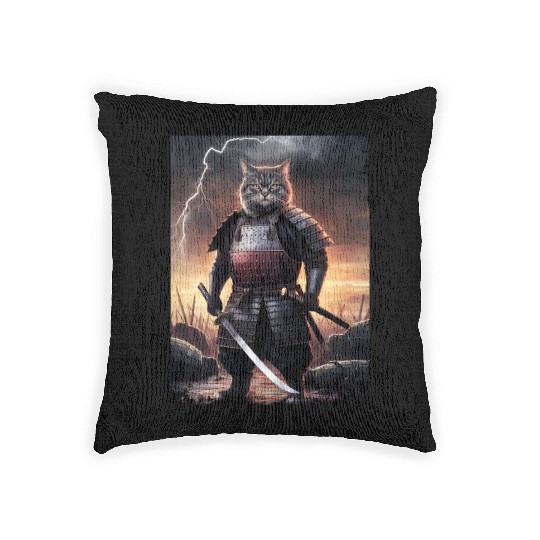 Japanese Cat Samurai Cat Woven Pillows