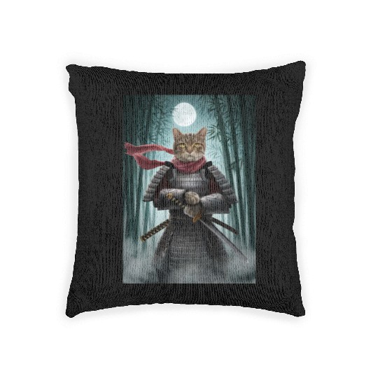 Japanese Cat Samurai Cat Woven Pillows