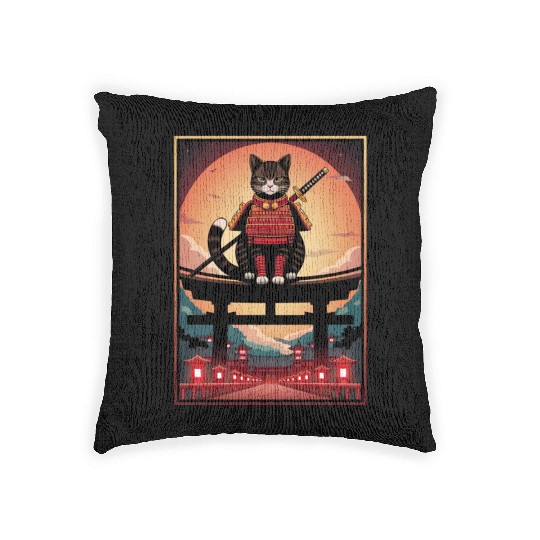 Japanese Cat Samurai Cat Woven Pillows