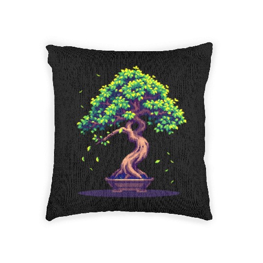 Pixel Bonsai Tree – Retro Nature Serenity Woven Pillows